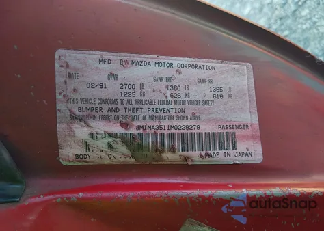 1991 Mazda Mx-5 Miata z USA, uszkodzony, nr VIN JM1NA3511M0229279